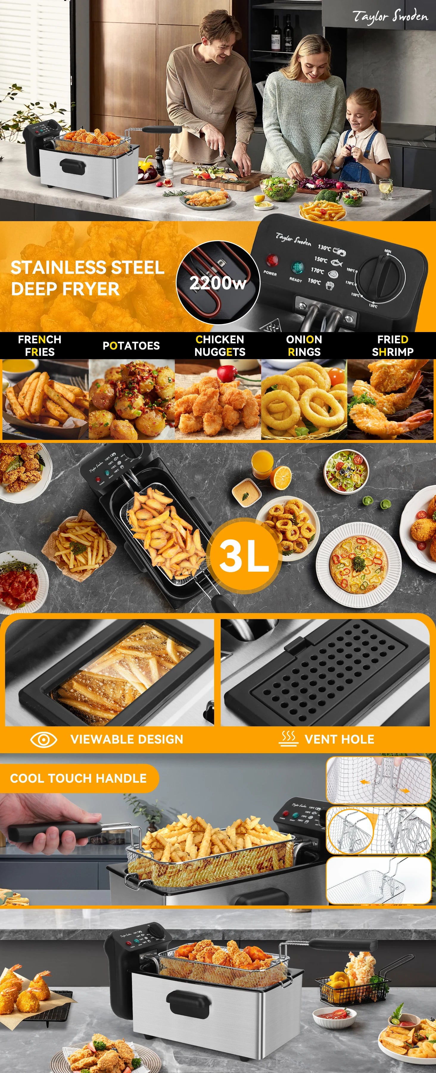 3L Fryer, 2200 W, Lid with Viewing Window, Adjustable Thermostat, 304 Stainless Steel and Removable Container