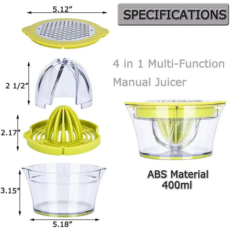 4 In 1 Citrus Lemon Orange Manual Juicer Multifunctional Hand Fruit Squeezer with Built-in Measuring Cup Grater Egg Separator