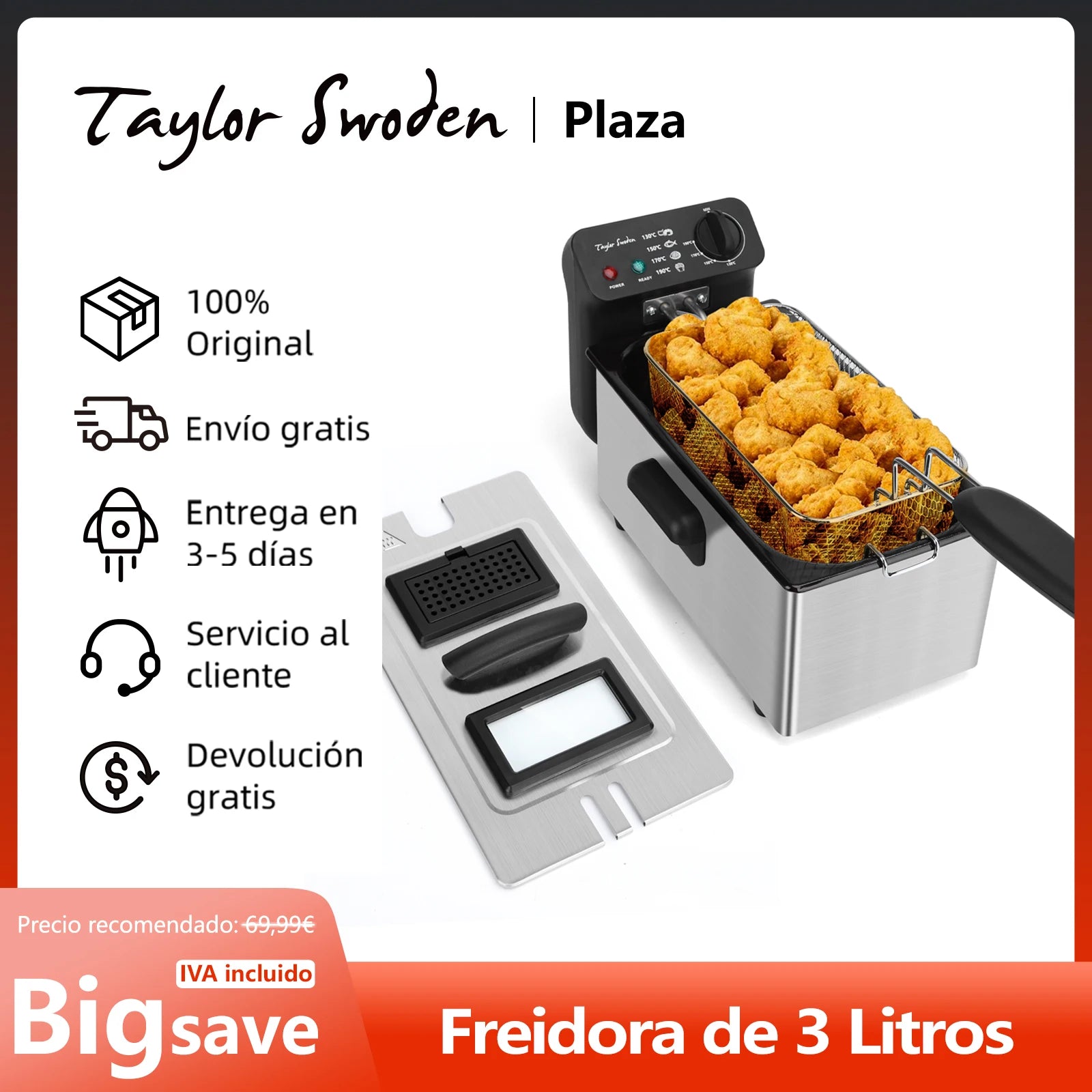 3L Fryer, 2200 W, Lid with Viewing Window, Adjustable Thermostat, 304 Stainless Steel and Removable Container