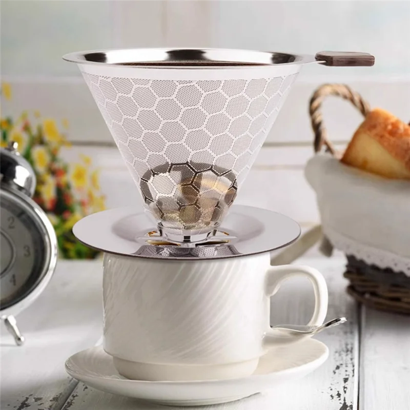 B98A-Pour Over Coffee Filter Dripper Reusable Stainless Steel Drip Coffee Maker Cone Coffee Mesh Filters For 1-4 Cup