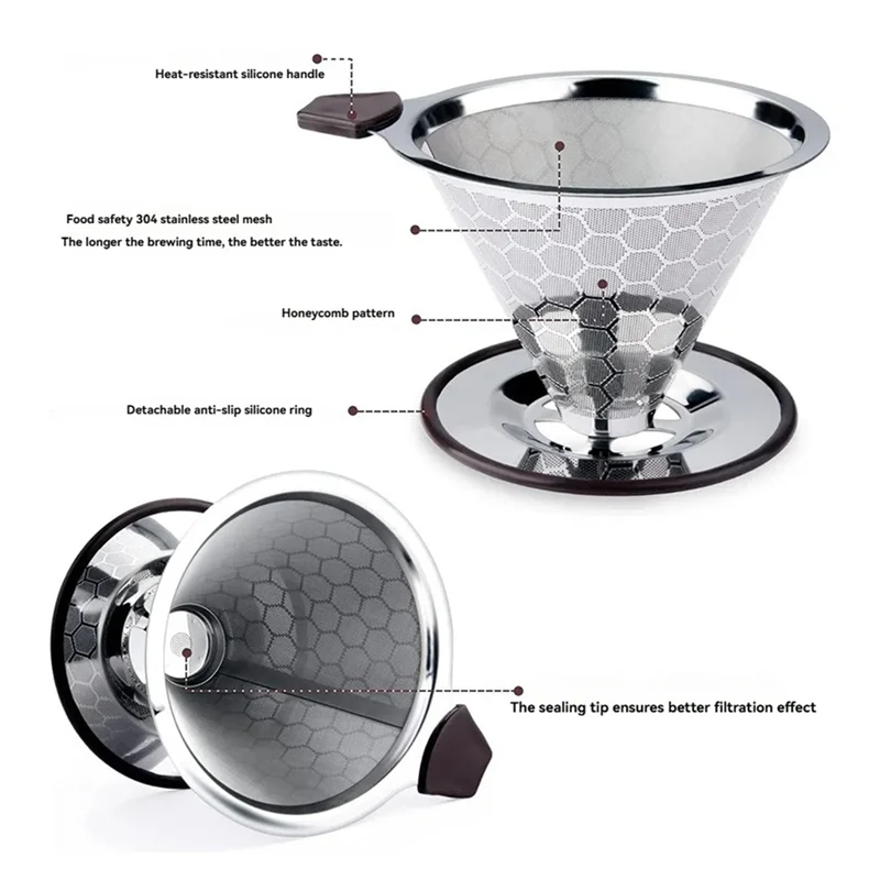 B98A-Pour Over Coffee Filter Dripper Reusable Stainless Steel Drip Coffee Maker Cone Coffee Mesh Filters For 1-4 Cup