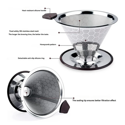 B98A-Pour Over Coffee Filter Dripper Reusable Stainless Steel Drip Coffee Maker Cone Coffee Mesh Filters For 1-4 Cup