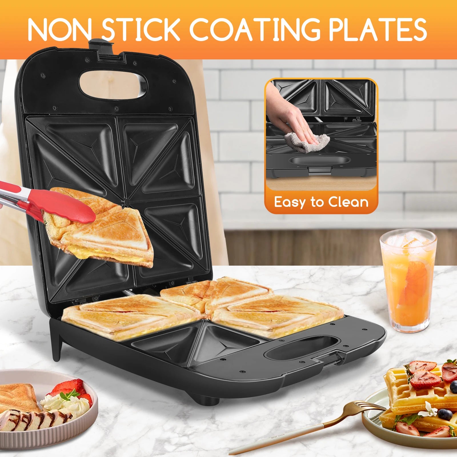 Aigostar Sandwich Maker XXL for 4 Sandwiches, 1400 W, Sandwich Toaster with Non-Stick Coating, Fast Heating, Temperature Control