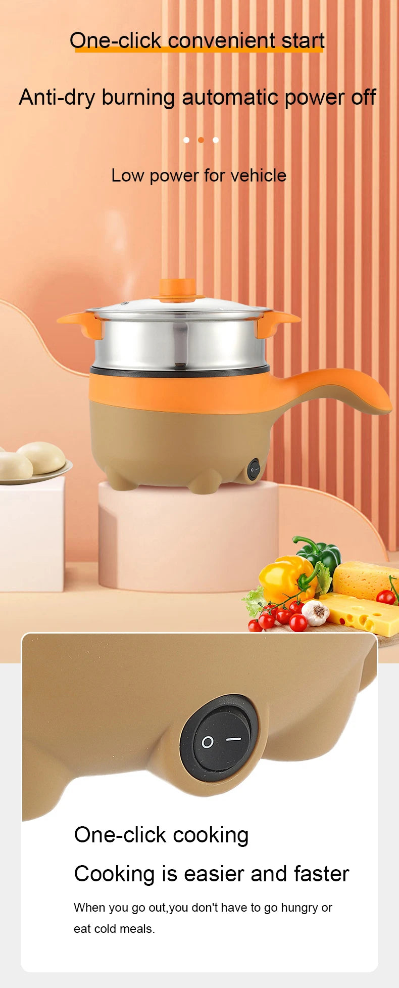 2L Travel 12V 24V Car Truck Multifunction Electric Cooking Skillet Double Layer Hot Pot Soup Heater Rice Cooker Food Steamer Pan