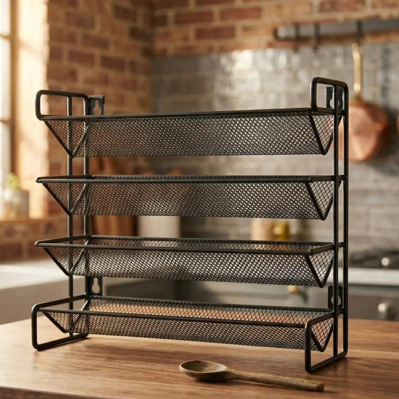 Kitchen Spice Bottle Storage Rack 4 Tier Countertop Seasoning Organizer Hollow Iron Shelf For Home Cooks Family Table Decor
