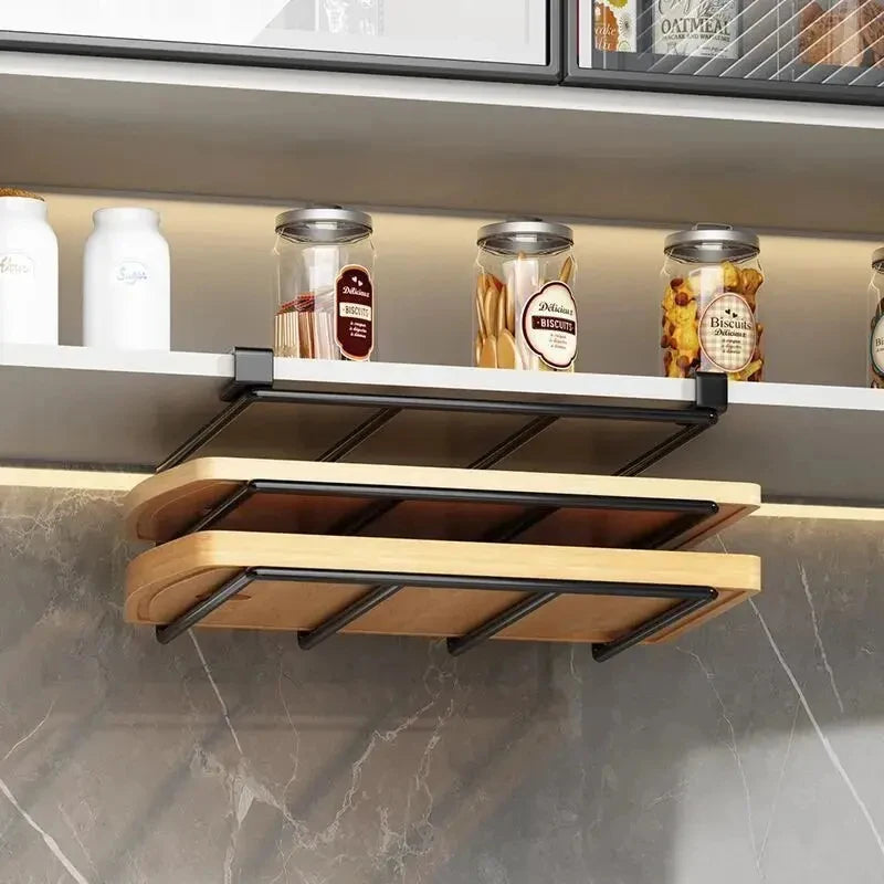 Kitchen Hanging Organizer Rack Under Cupboard with Hooks Paper Towel Rags Cutting Board Pot Cover Storage Holder