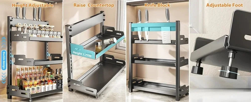 Kitchen Countertop Spice Shelf, sturdy black metal frame, 3-tier adjustable layout for cabinet and desktop neat arrangement