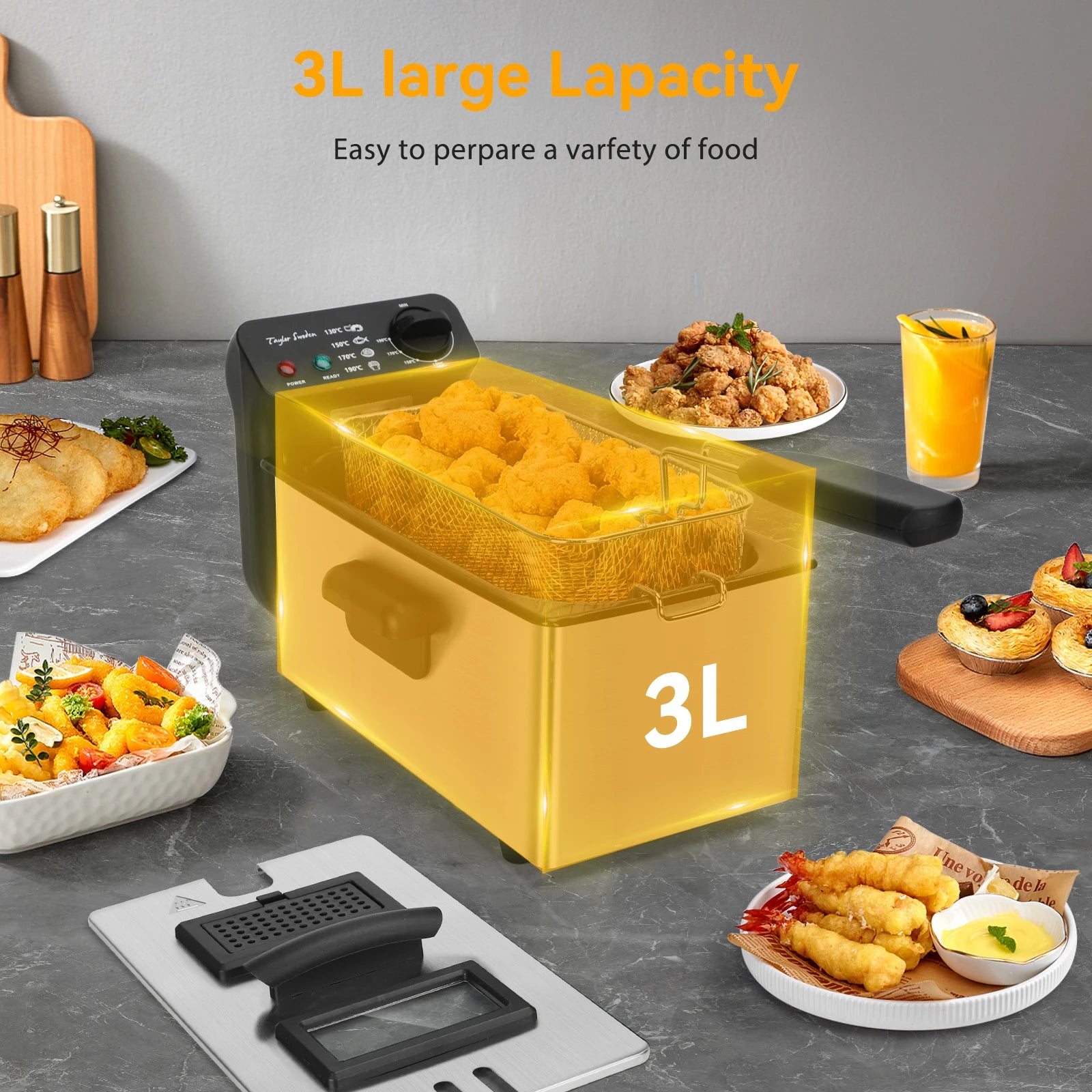 3L Fryer, 2200 W, Lid with Viewing Window, Adjustable Thermostat, 304 Stainless Steel and Removable Container
