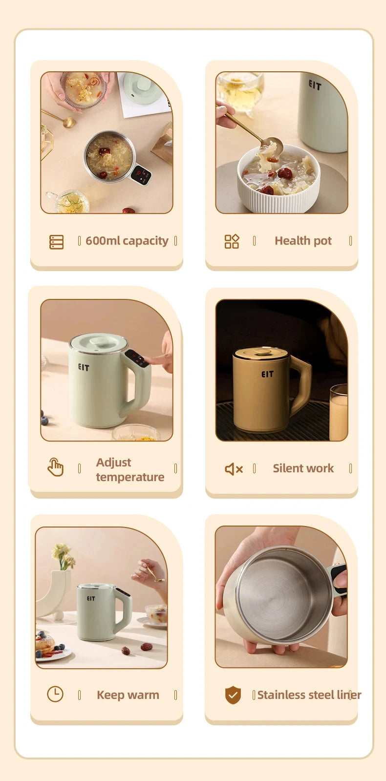 600ml Electric Kettle Health Preserving Pot Boiled Water Tea Pot Multicooker Electric Heating Cup Desktop Stew Cup 220V
