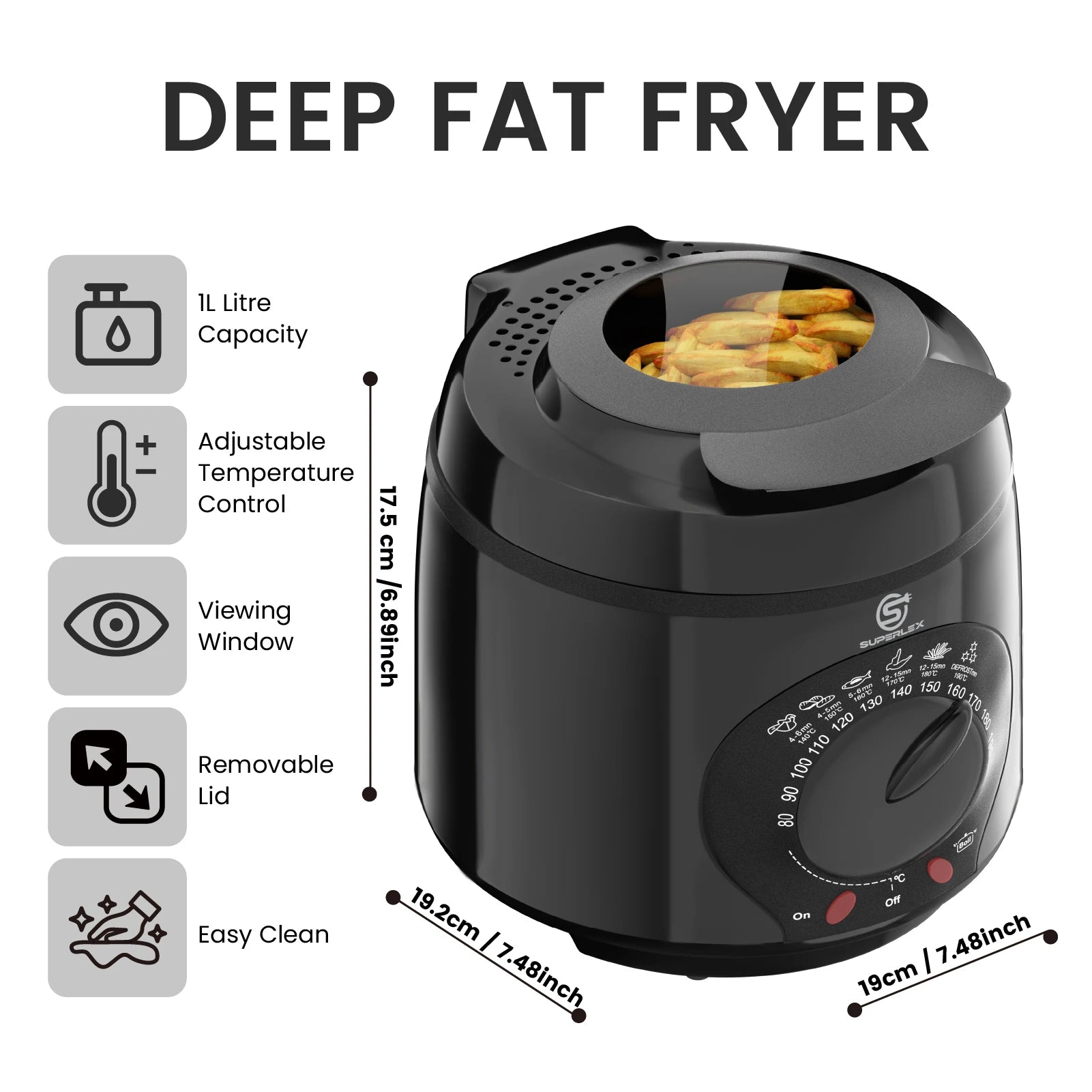SUPERLEX Electric Deep Fryer 1L For Home Temperature Control Visual Window Removable Oil Tank Easy‑Clean Fried Chicken Fries Pot