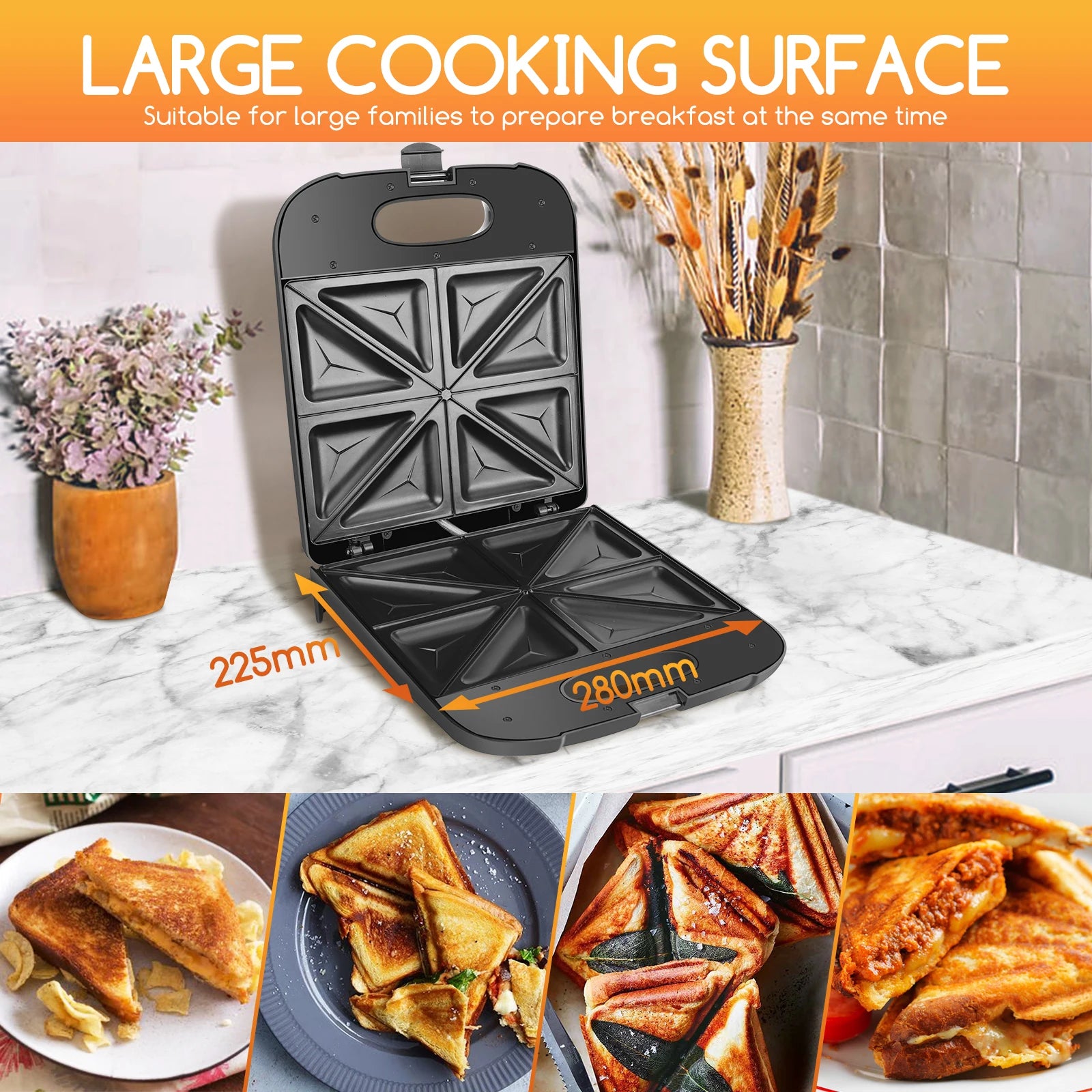 Aigostar Sandwich Maker XXL for 4 Sandwiches, 1400 W, Sandwich Toaster with Non-Stick Coating, Fast Heating, Temperature Control