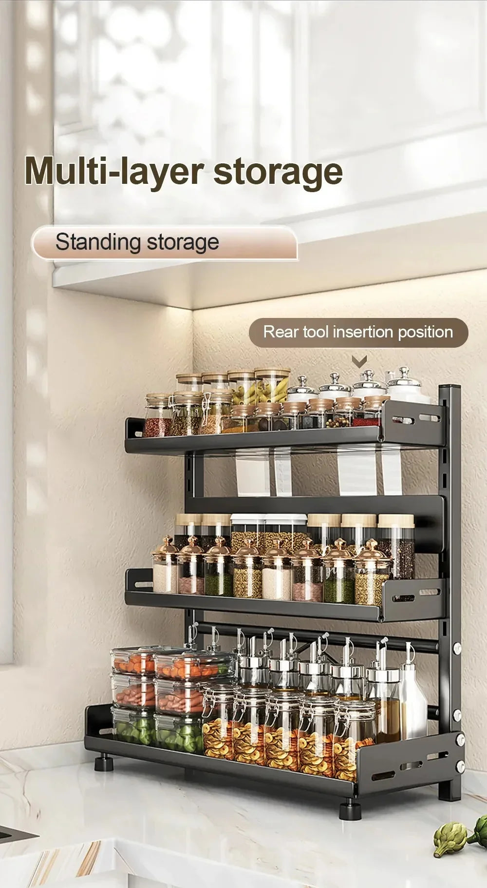 Kitchen Countertop Spice Shelf, sturdy black metal frame, 3-tier adjustable layout for cabinet and desktop neat arrangement