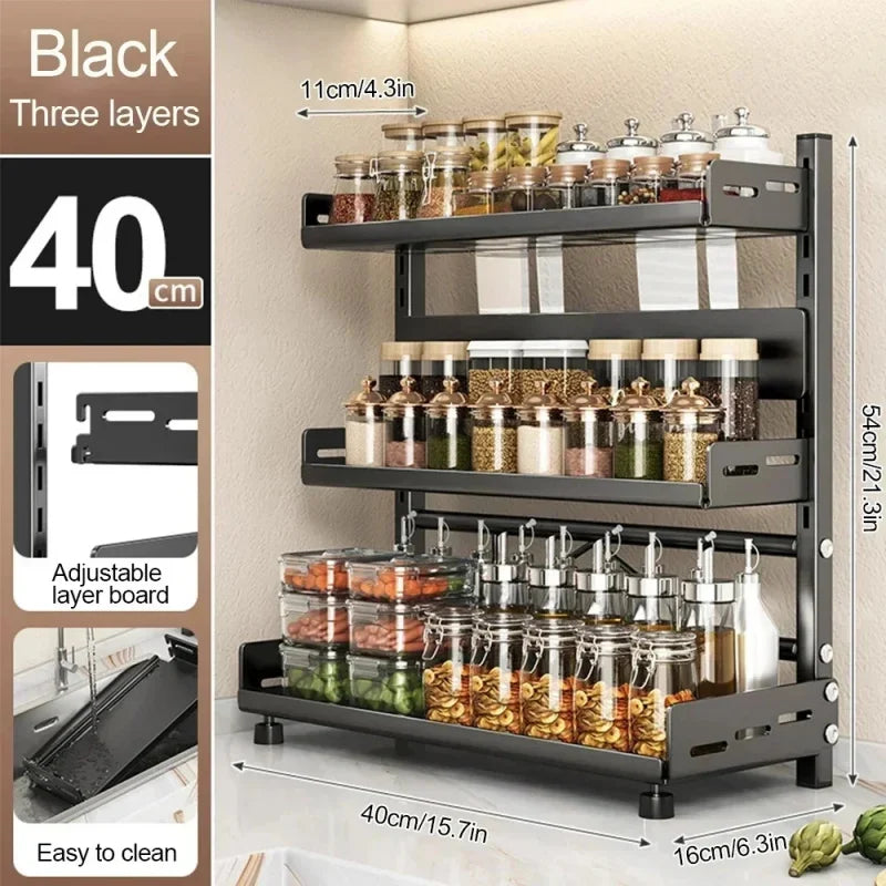 Kitchen Countertop Spice Shelf, sturdy black metal frame, 3-tier adjustable layout for cabinet and desktop neat arrangement