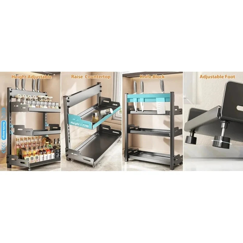 Kitchen Countertop Spice Shelf, sturdy black metal frame, 3-tier adjustable layout for cabinet and desktop neat arrangement