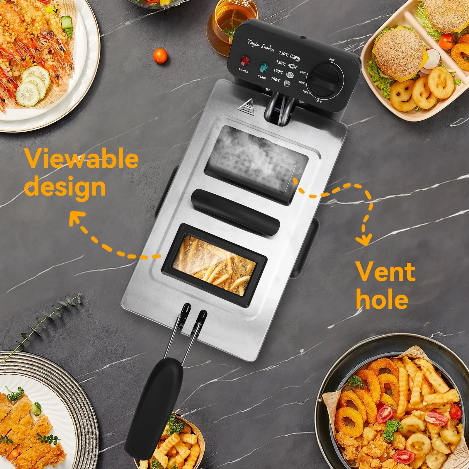 3L Fryer, 2200 W, Lid with Viewing Window, Adjustable Thermostat, 304 Stainless Steel and Removable Container