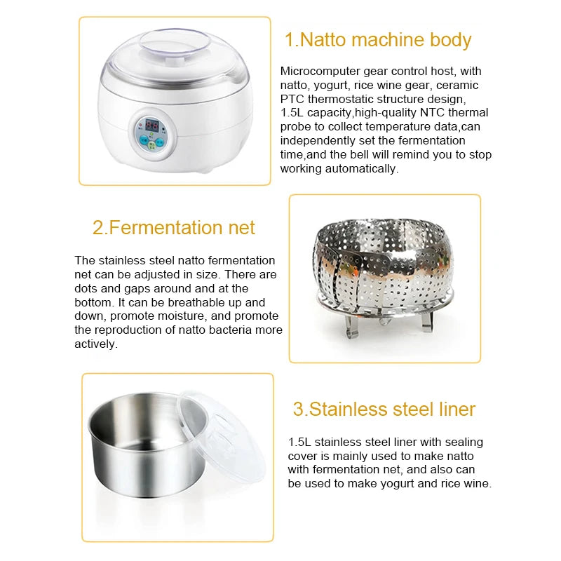 Automatic Electric Natto Maker Rice Wine Fermenting Machine Yogurt Leben Sour Cream Fermenter Yoghurt Stainless Steel Liner Cup
