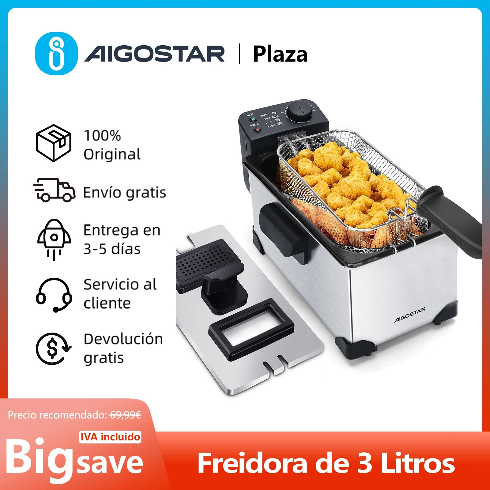3L Fryer, 2200 W, Lid with Viewing Window, Adjustable Thermostat, 304 Stainless Steel and Removable Container