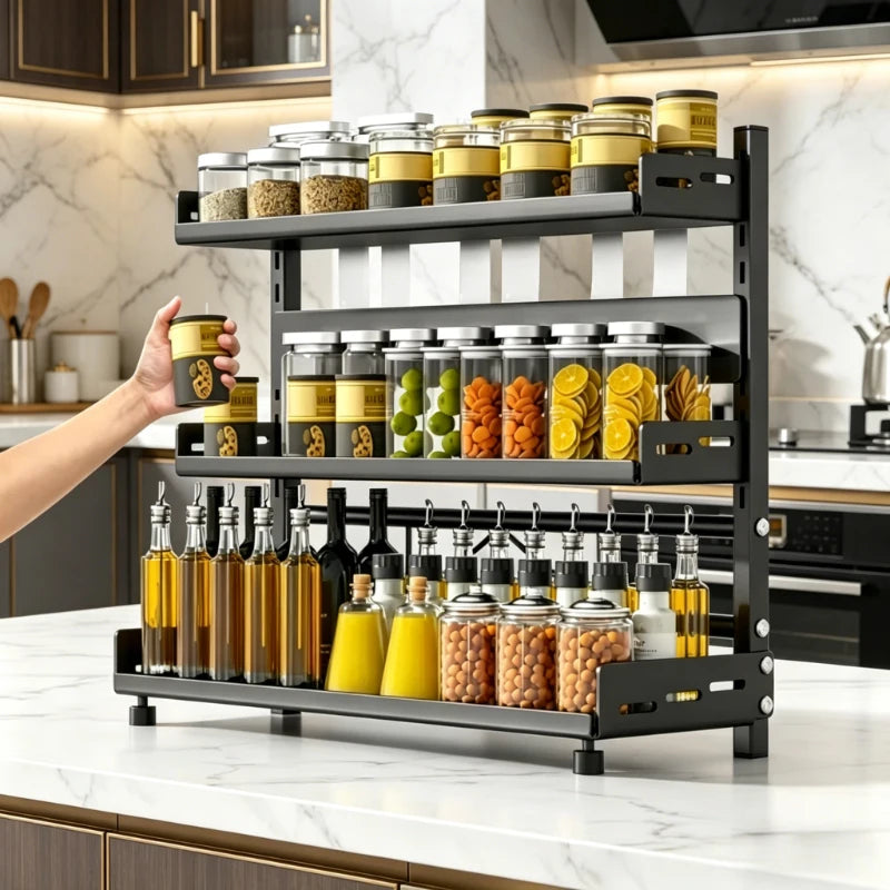 Kitchen Countertop Spice Shelf, sturdy black metal frame, 3-tier adjustable layout for cabinet and desktop neat arrangement