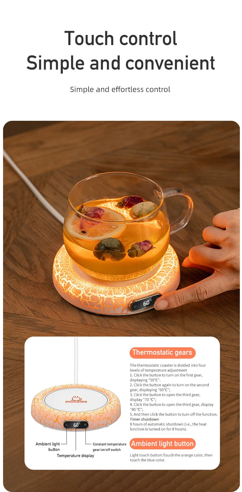 Electric Beverage Cup Warmer with LED Lamp 4 Gear Constant Temperature Digital Display For Home Office Insulated Heating Coaster