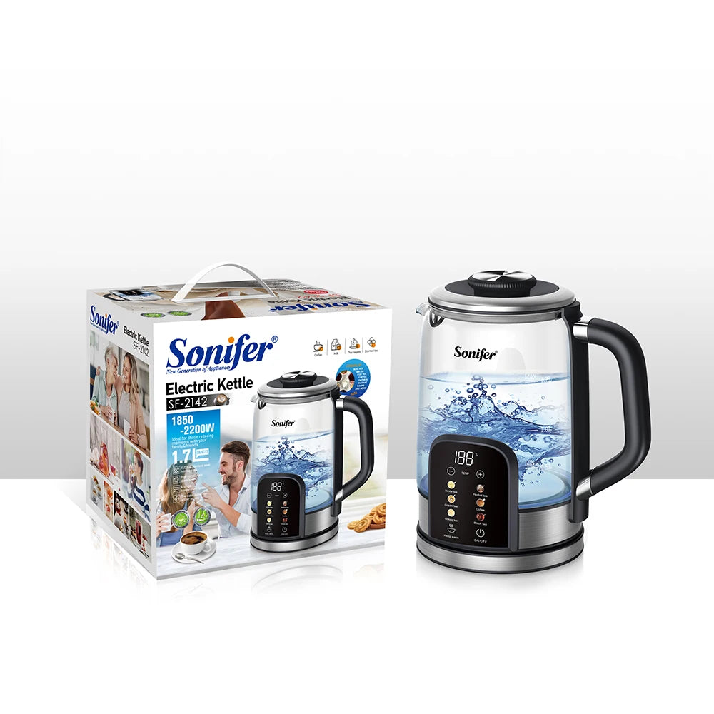 Sonifer 1.7L Glass Electric Kettle, Tea Kettle with Digital Temp Control, 6-Stage Heating, Keep Warm, 2200W Fast Boil