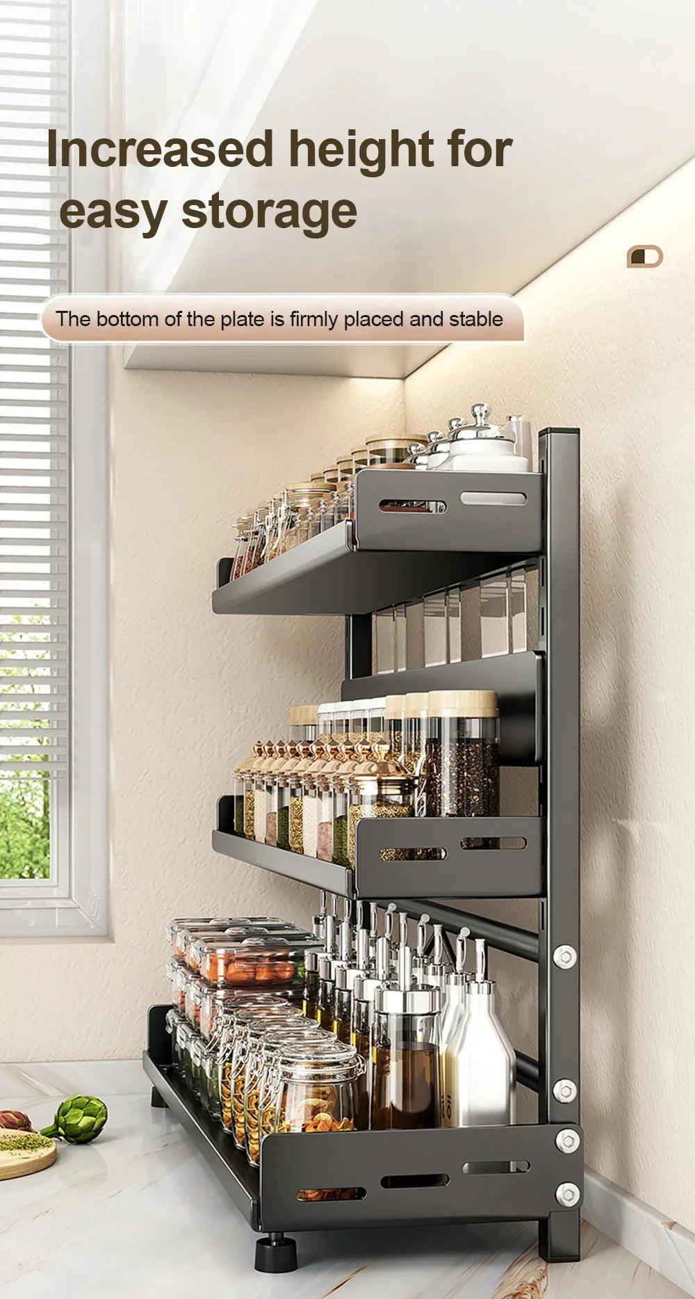 Kitchen Countertop Spice Shelf, sturdy black metal frame, 3-tier adjustable layout for cabinet and desktop neat arrangement