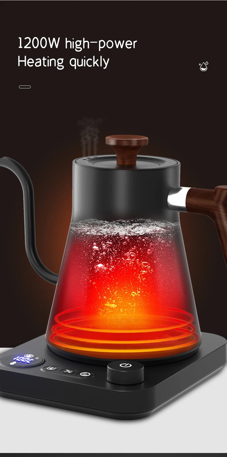 220V 110V 1200W 0.9L Gooseneck pour over coffee kettle with temperature control water tea                                                                   kettle