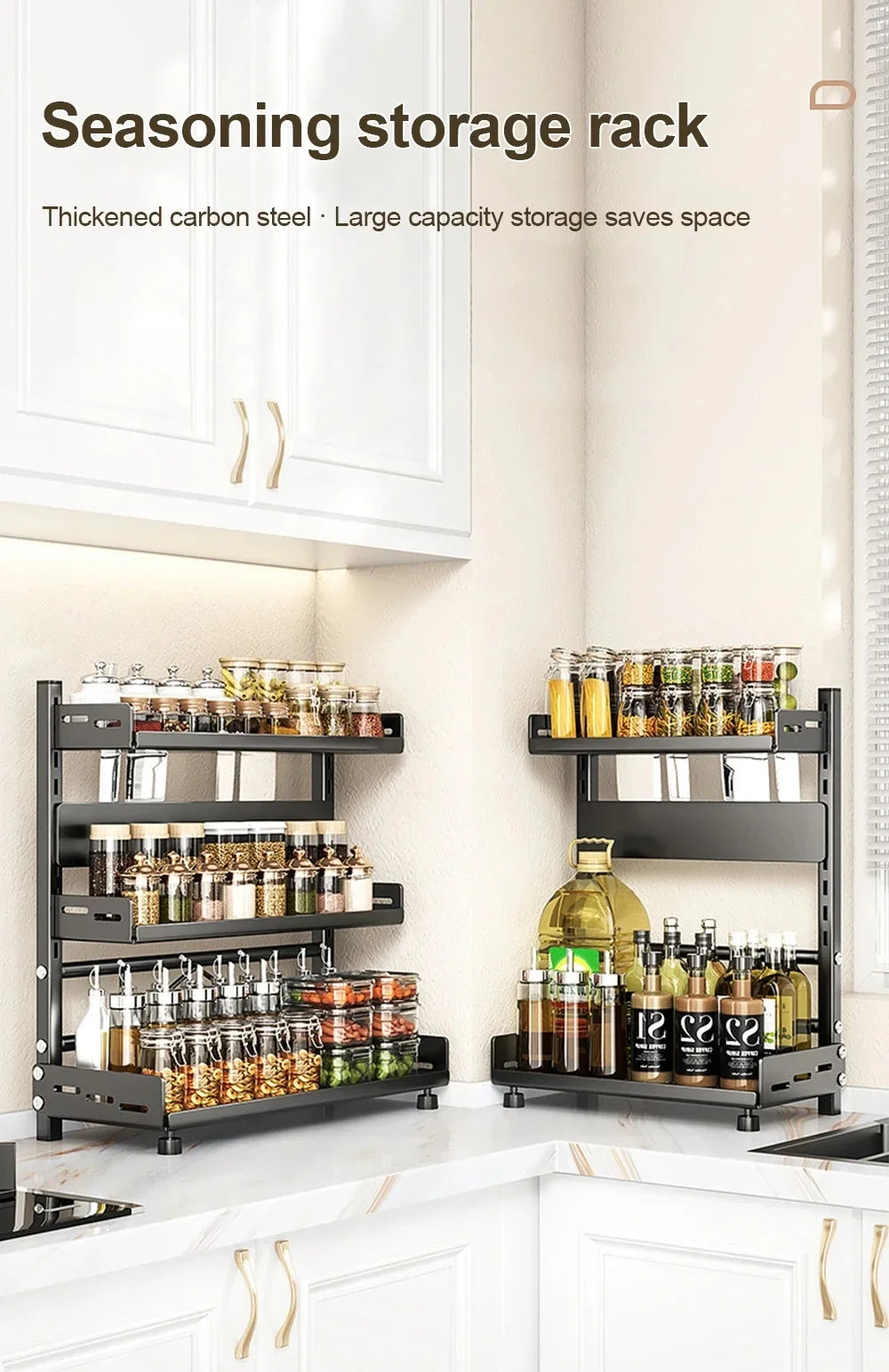 Kitchen Countertop Spice Shelf, sturdy black metal frame, 3-tier adjustable layout for cabinet and desktop neat arrangement