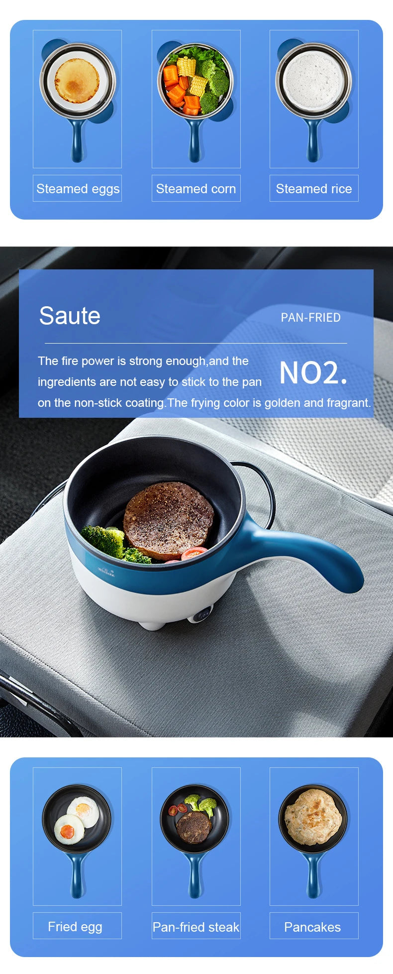 2L Travel 12V 24V Car Truck Multifunction Electric Cooking Skillet Double Layer Hot Pot Soup Heater Rice Cooker Food Steamer Pan