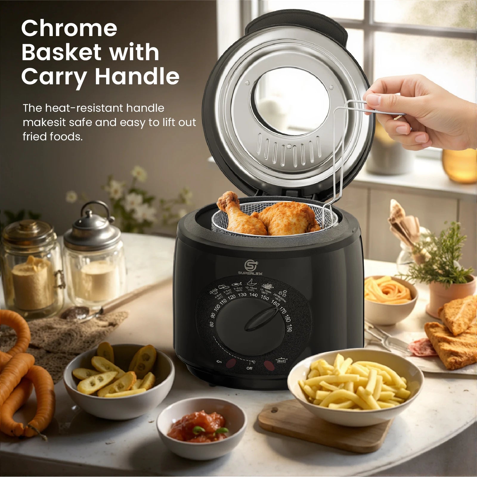 SUPERLEX Electric Deep Fryer 1L For Home Temperature Control Visual Window Removable Oil Tank Easy‑Clean Fried Chicken Fries Pot
