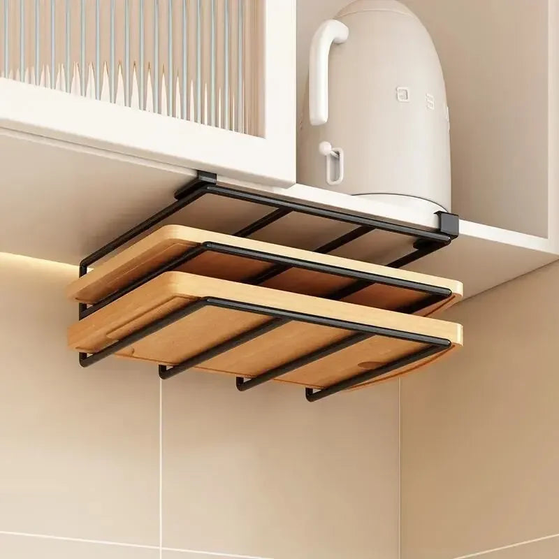 Kitchen Hanging Organizer Rack Under Cupboard with Hooks Paper Towel Rags Cutting Board Pot Cover Storage Holder