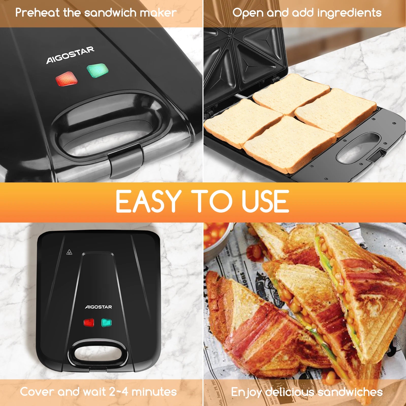 Aigostar Sandwich Maker XXL for 4 Sandwiches, 1400 W, Sandwich Toaster with Non-Stick Coating, Fast Heating, Temperature Control