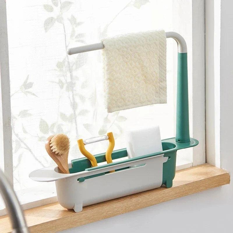 Kitchen Telescopic Sink Organizer Rack Telescopic Faucet Organizer for Soap Towel Sponge Storage Adjustable Shelf Storage Rack