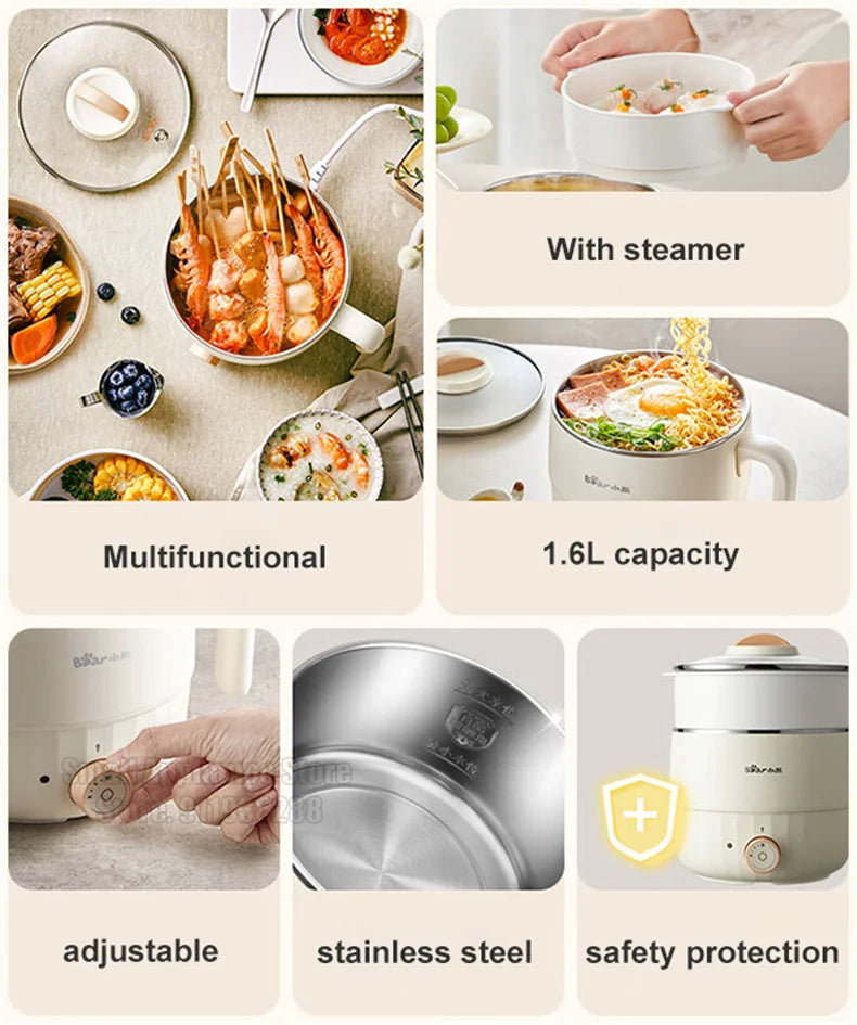 Bear Multifunction Electric Cooking Pot Stainless Steel Single/Double Layer Hot Pot Household 1-2 People Electric Rice Cooker