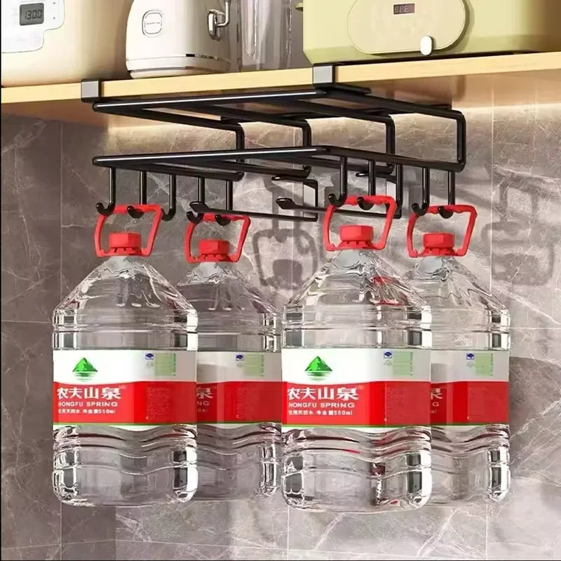 Kitchen Hanging Organizer Rack Under Cupboard with Hooks Paper Towel Rags Cutting Board Pot Cover Storage Holder