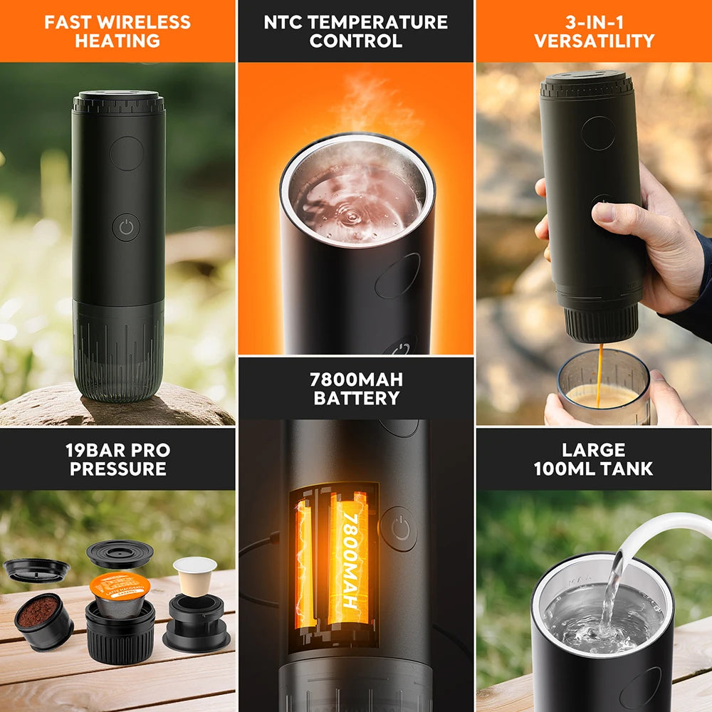 RECAFIM Wireless Electric Portable Espresso Coffee Machine for Car Home Camping Coffee Maker Fit Nespresso Dolce Capsule Powder