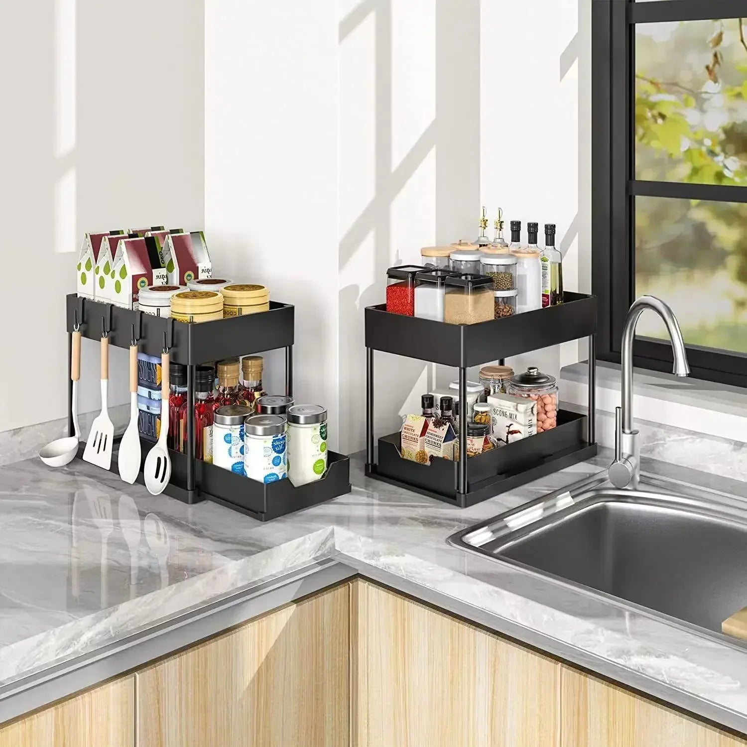 Kitchen Bathroom Under Sink Organizer 2-Tier Sliding Storage Basket Multipurpose Shelf with Hanging Cup and Hook Accessories