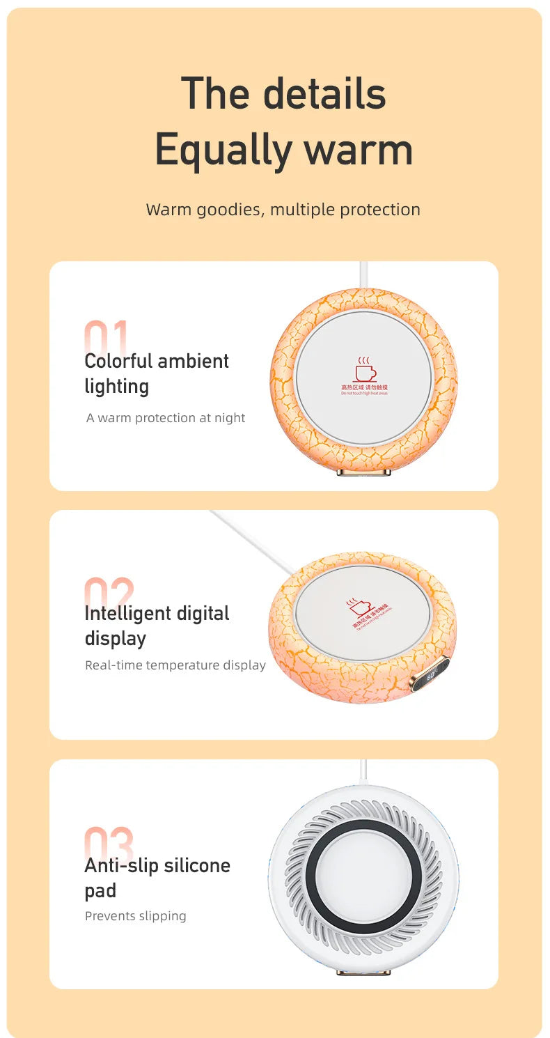 Electric Beverage Cup Warmer with LED Lamp 4 Gear Constant Temperature Digital Display For Home Office Insulated Heating Coaster