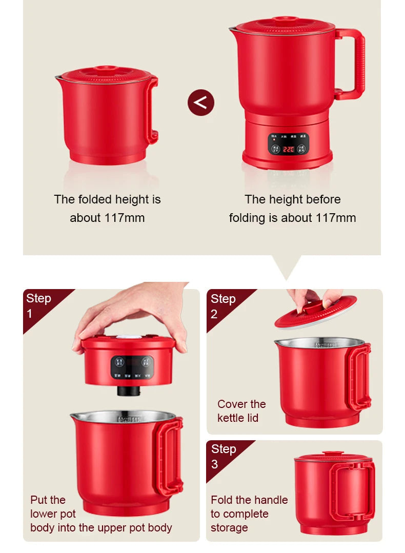 Folding Portable Electric Kettle Insulated Hot Water Boiler Stainless Steel Travel Noodles Cooking Pot Stew Skillet 800ML Hotpot