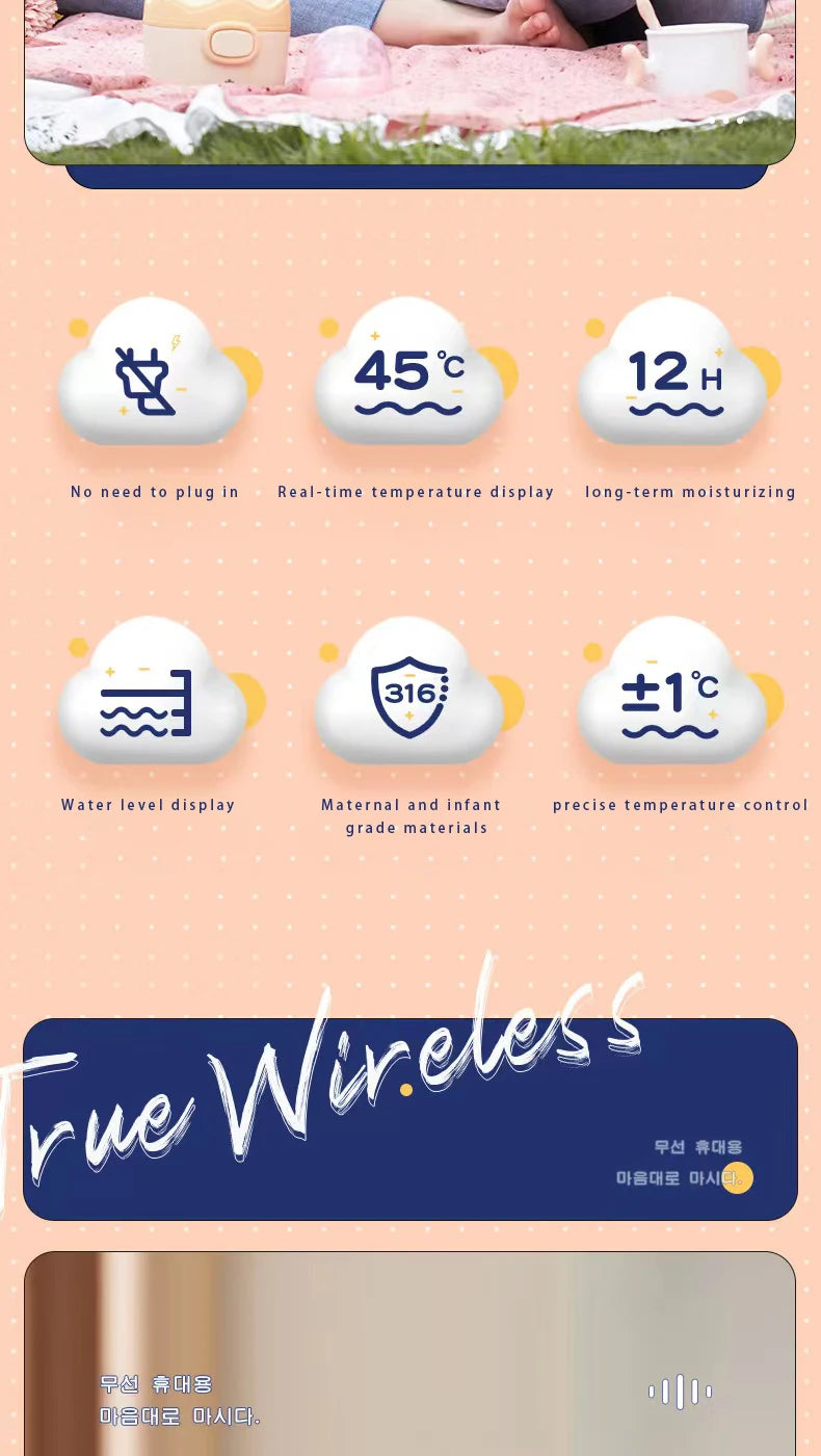 Wireless Milk Conditioner Portable Kettle USB Rechargable Water Bottle LED Display Thermos Cup Portable Heating Cup Milk Warmer