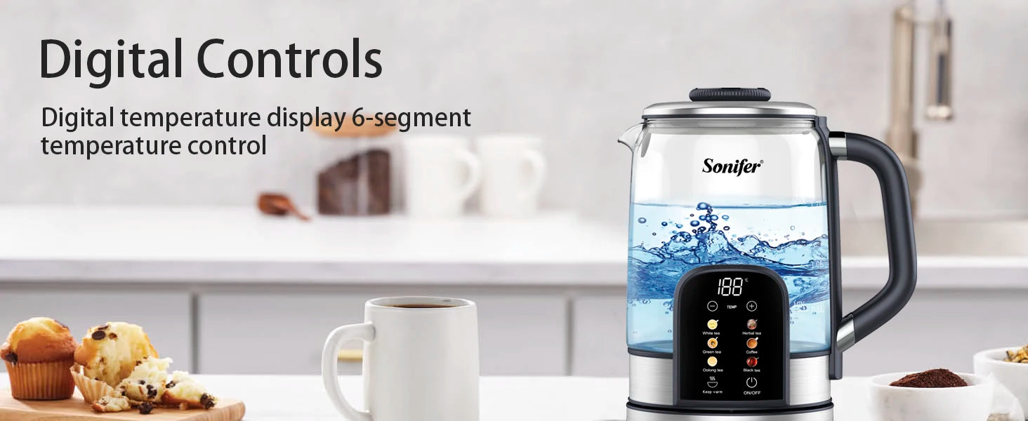 Sonifer 1.7L Glass Electric Kettle, Tea Kettle with Digital Temp Control, 6-Stage Heating, Keep Warm, 2200W Fast Boil