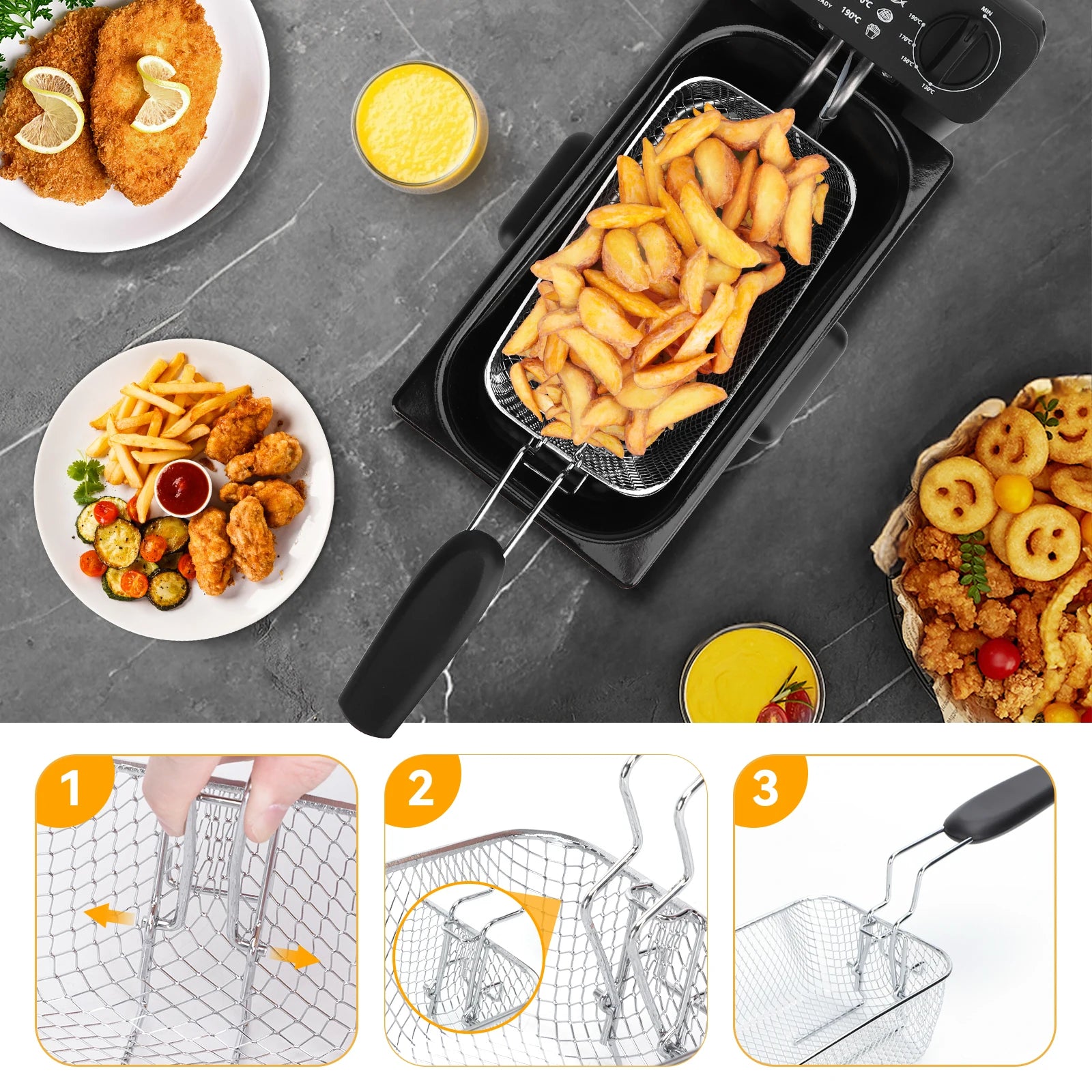 3L Fryer, 2200 W, Lid with Viewing Window, Adjustable Thermostat, 304 Stainless Steel and Removable Container