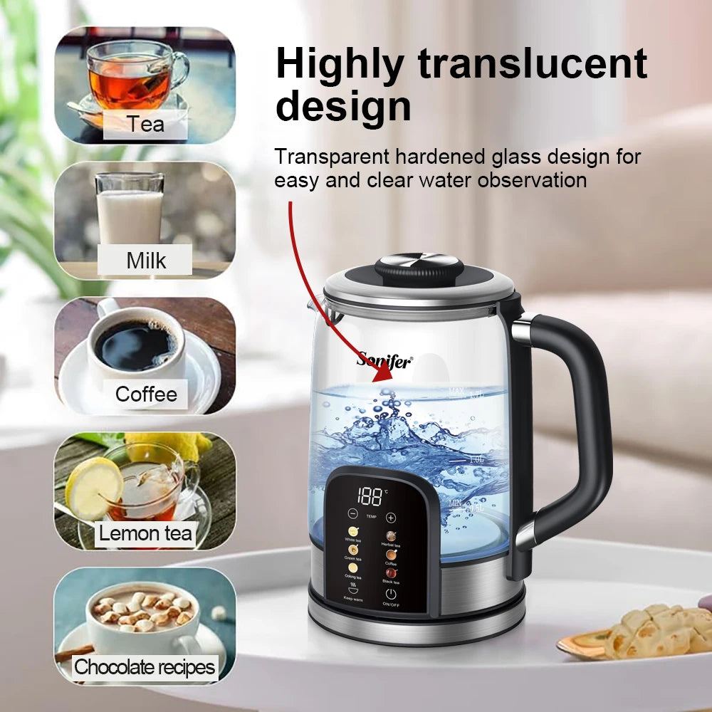 Sonifer 1.7L Glass Electric Kettle, Tea Kettle with Digital Temp Control, 6-Stage Heating, Keep Warm, 2200W Fast Boil