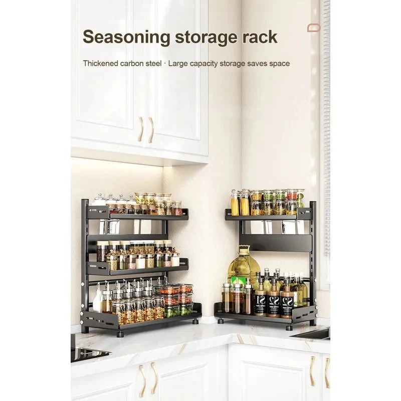 Kitchen Countertop Spice Shelf, sturdy black metal frame, 3-tier adjustable layout for cabinet and desktop neat arrangement