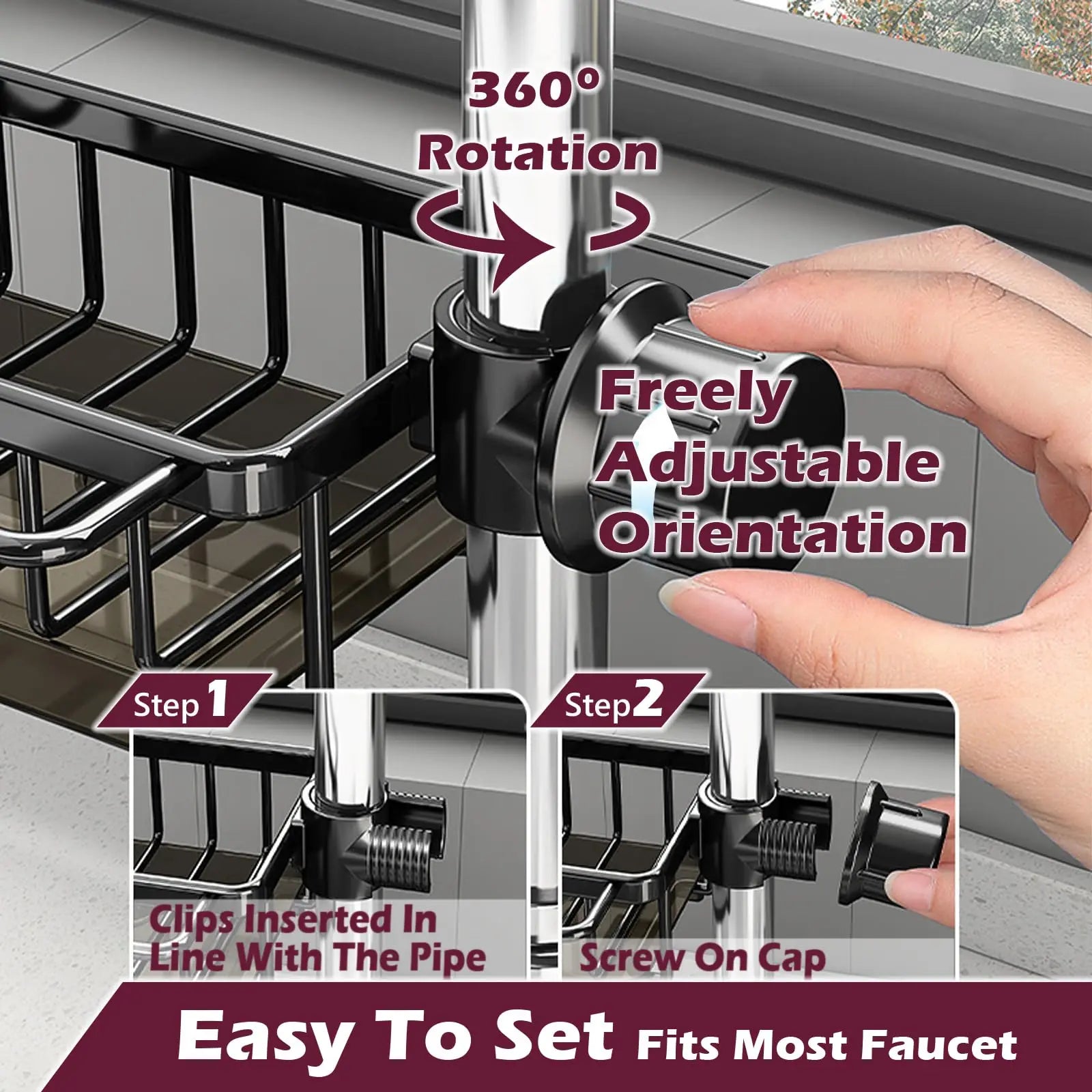Kitchen Sink Faucet Organizer,3in1 Kitchen Faucet Organization Rack - Dish Sponge Holder, Multi-Function Storage Caddy Rack