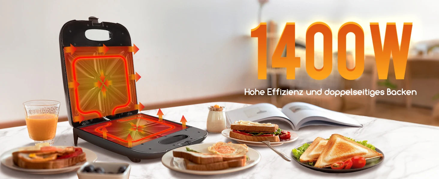 Aigostar Sandwich Maker XXL for 4 Sandwiches, 1400 W, Sandwich Toaster with Non-Stick Coating, Fast Heating, Temperature Control