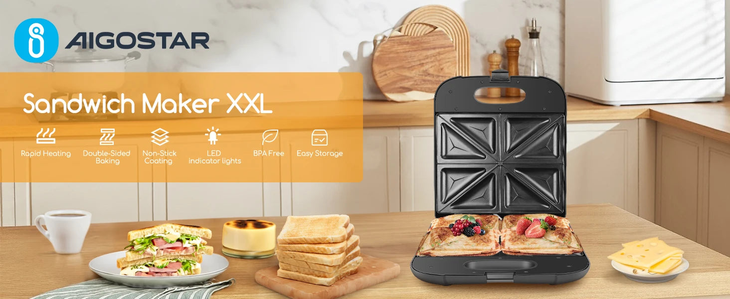 Aigostar Sandwich Maker XXL for 4 Sandwiches, 1400 W, Sandwich Toaster with Non-Stick Coating, Fast Heating, Temperature Control
