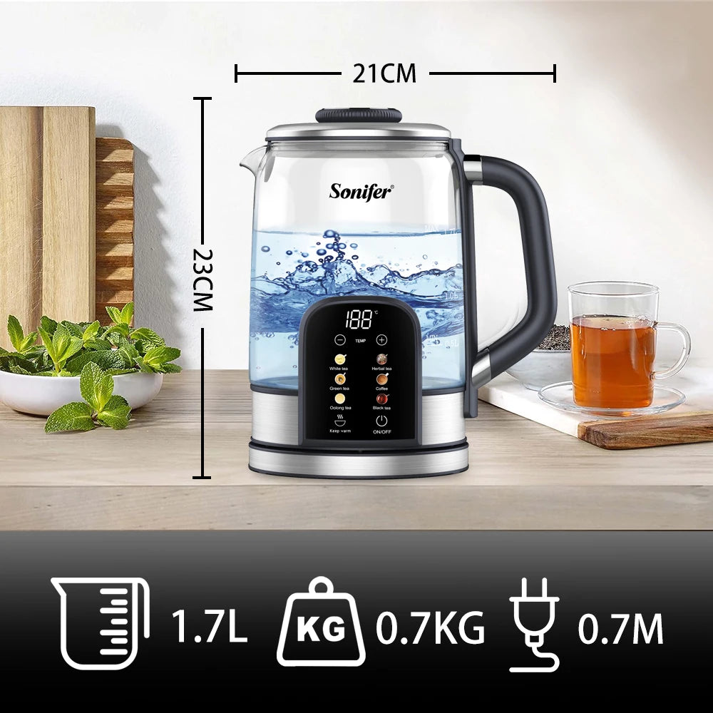 Sonifer 1.7L Glass Electric Kettle, Tea Kettle with Digital Temp Control, 6-Stage Heating, Keep Warm, 2200W Fast Boil