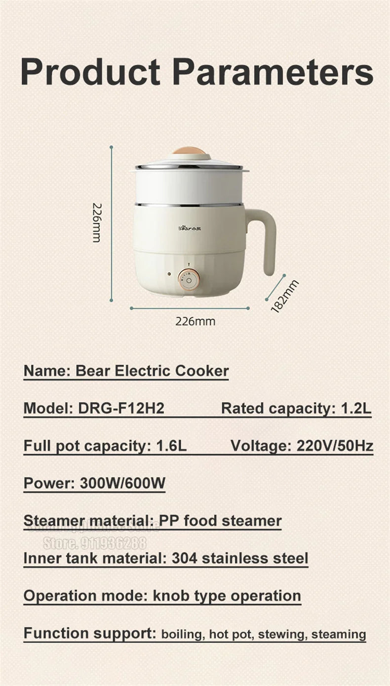 Bear Multifunction Electric Cooking Pot Stainless Steel Single/Double Layer Hot Pot Household 1-2 People Electric Rice Cooker
