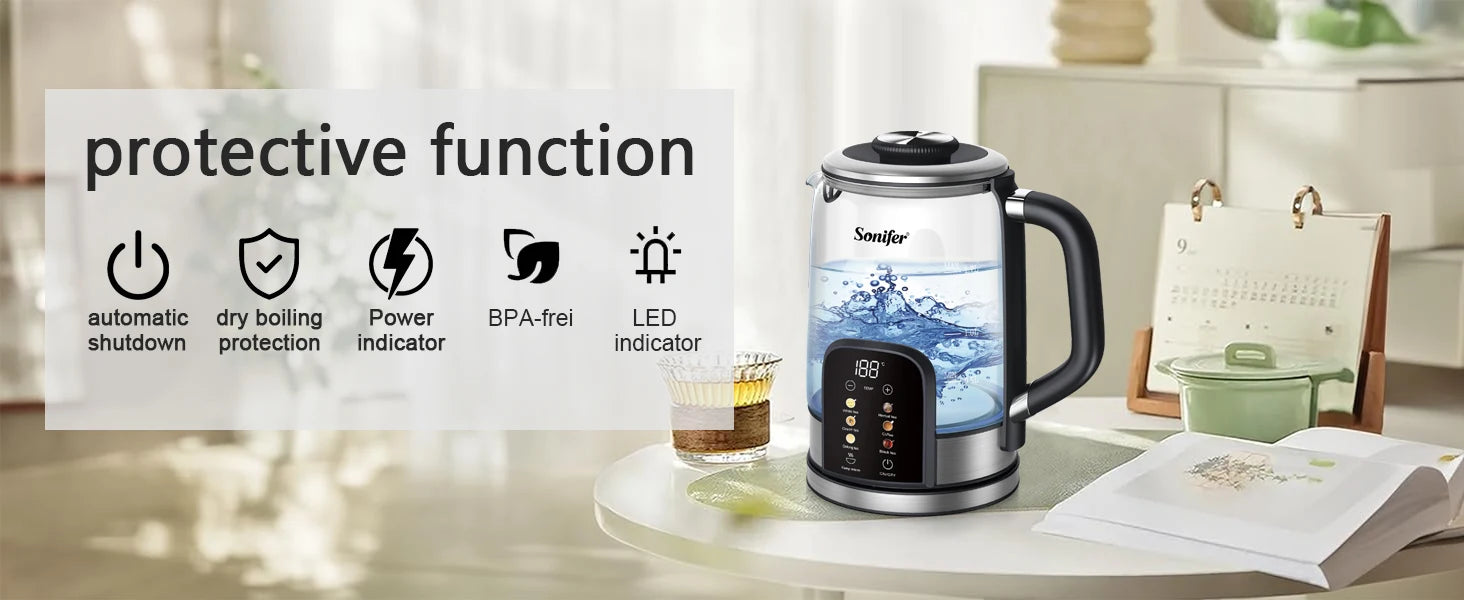 Sonifer 1.7L Glass Electric Kettle, Tea Kettle with Digital Temp Control, 6-Stage Heating, Keep Warm, 2200W Fast Boil