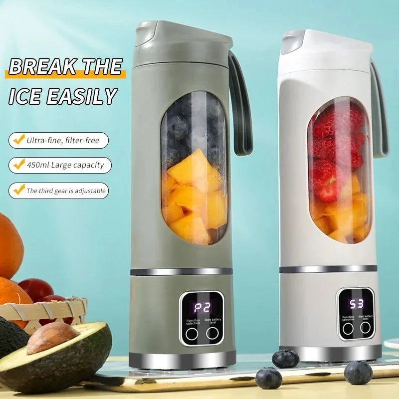 Portable Fruit Juicer 10 Blades 450ml Capacity 3 Gears USB Rechargeable Blender Ice Crusher for Shakes and Smoothies Juicer Cup